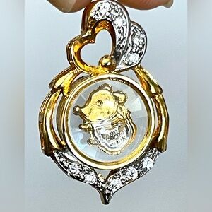 Vintage Zodiac Rat Spinner Pendant Gold Tone Rhinestone Floating Kinetic Charm